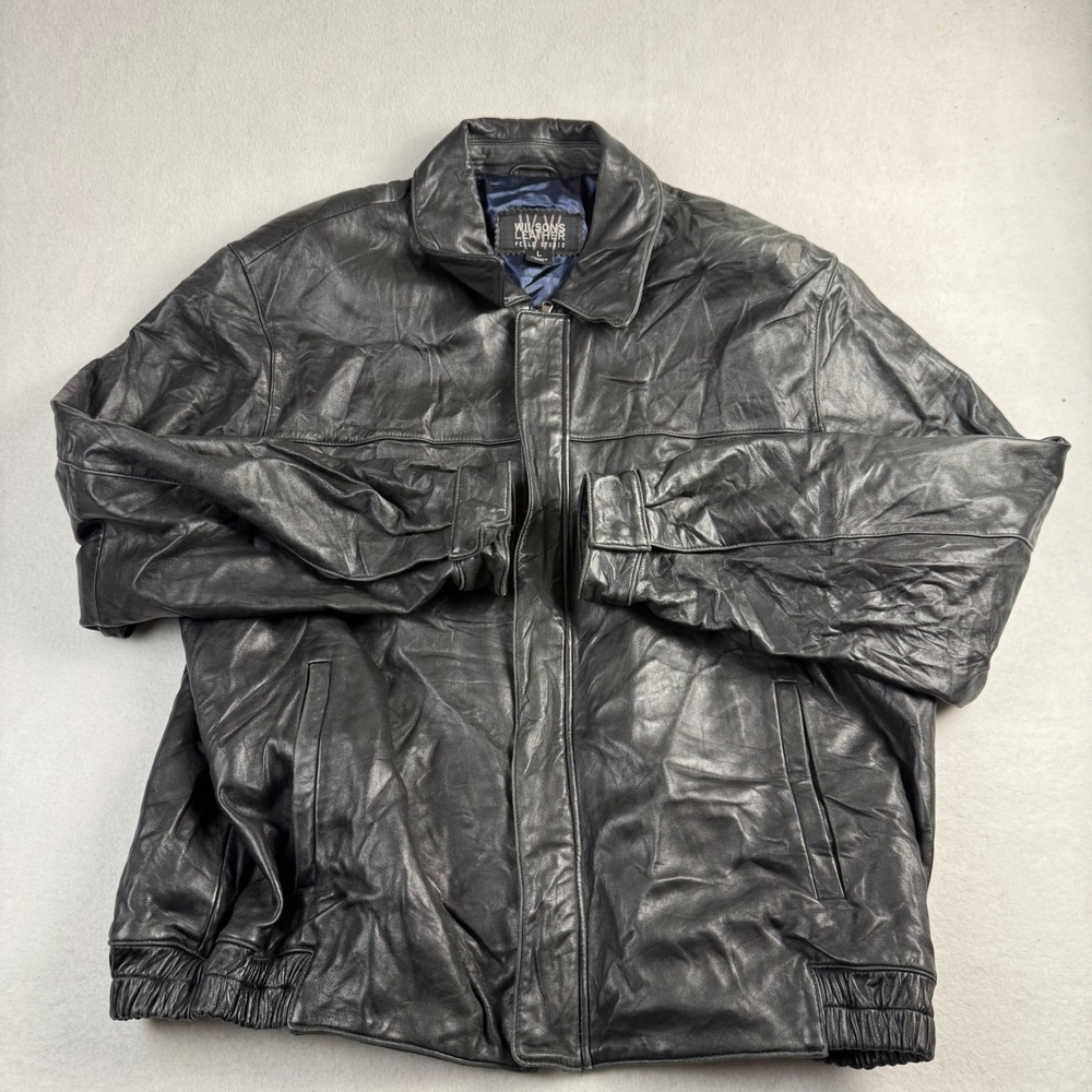 Wilsons Leather Pelle Studio Mens Large Black Leather Bomber Jacket Full Zip L
